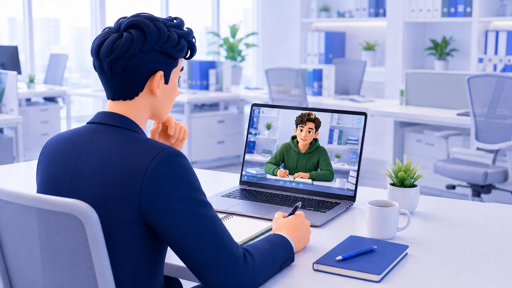 A learner on a video call with their AI coach from an office desk
