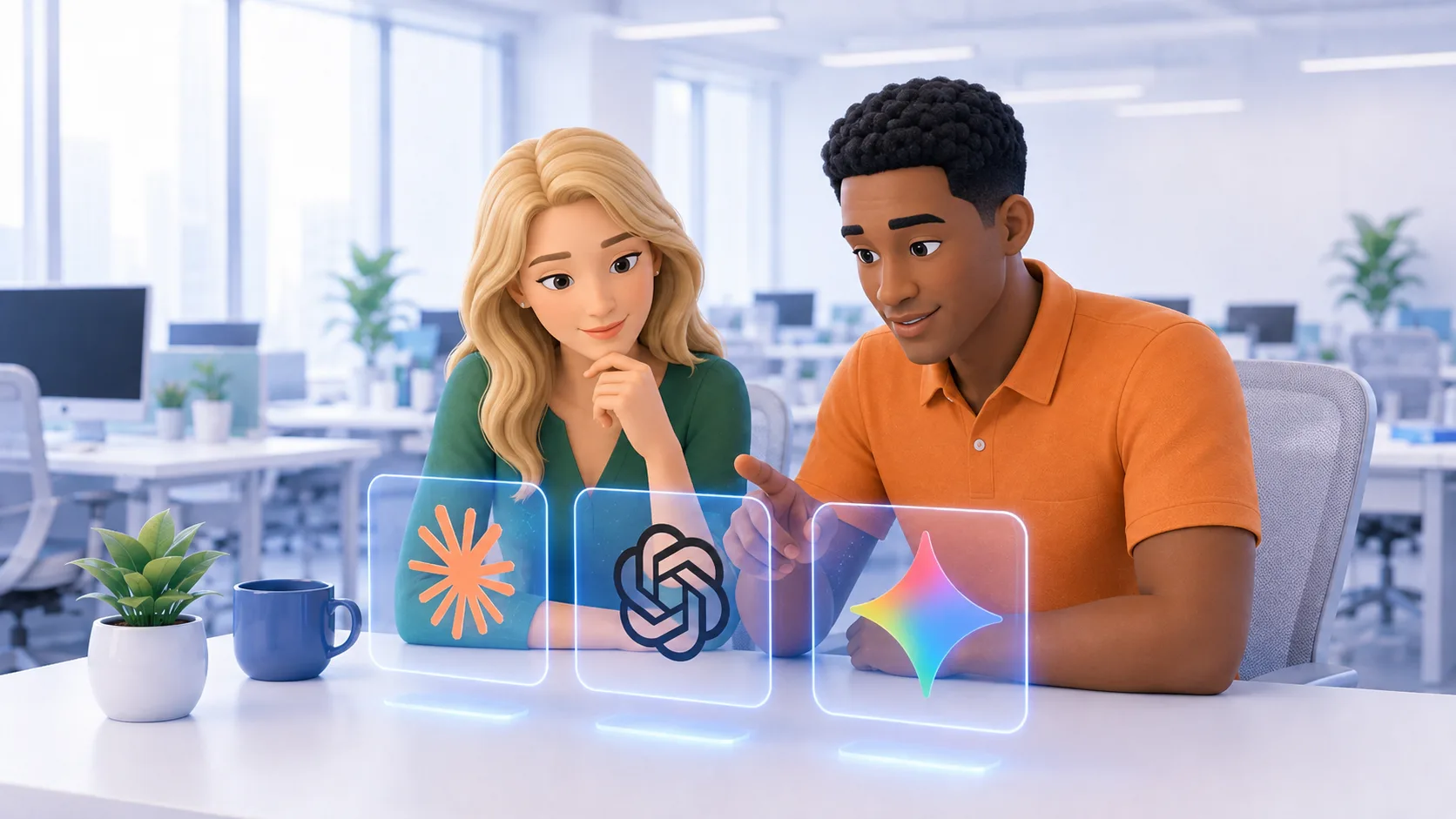 Two people at an office desk exploring AI tools together